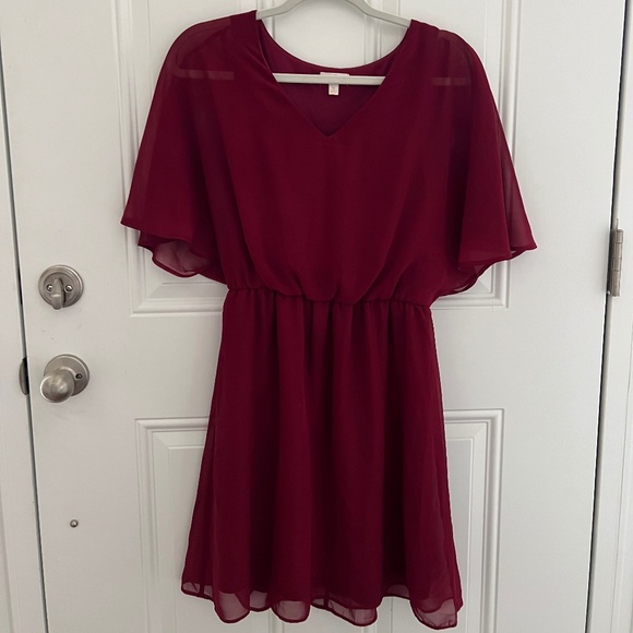 Charming Charlie burgundy chiffon flutter-sleeve mini dress - Picture 1 of 3